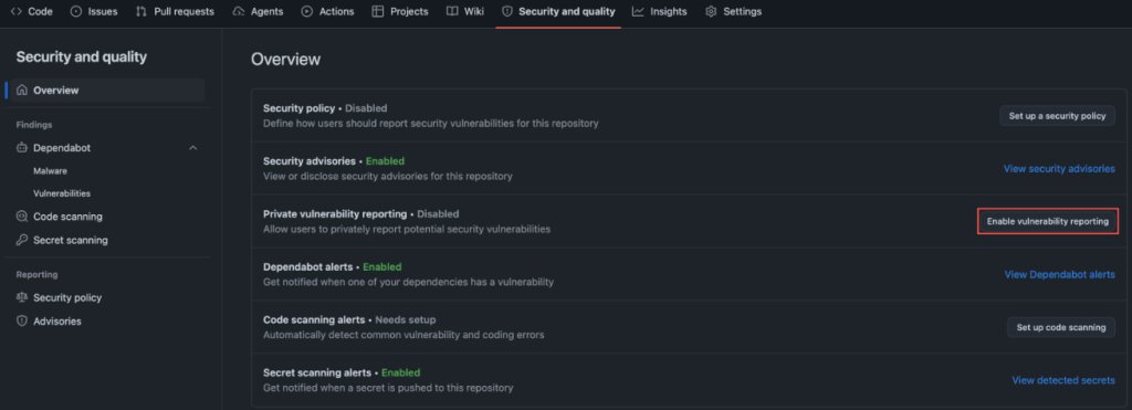 Screenshot of GitHub settings. Security and quality > Enable vulnerability reporting is highlighted.