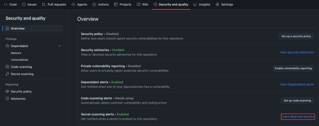 Screenshot of GitHub settings. Security and quality > View detected secrets is highlighted.