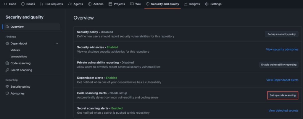 Screenshot of GitHub settings. Security and quality > Set up code scanning is highlighted.