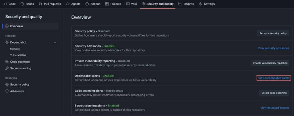 Screenshot of GitHub settings. Security and quality > View Dependabot alerts is highlighted.