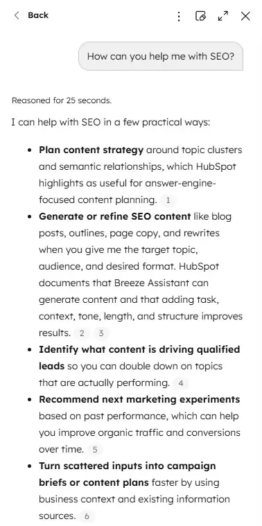 A conversation with Breeze showing how this enterprise-grade SEO AI tool can help with SEO.