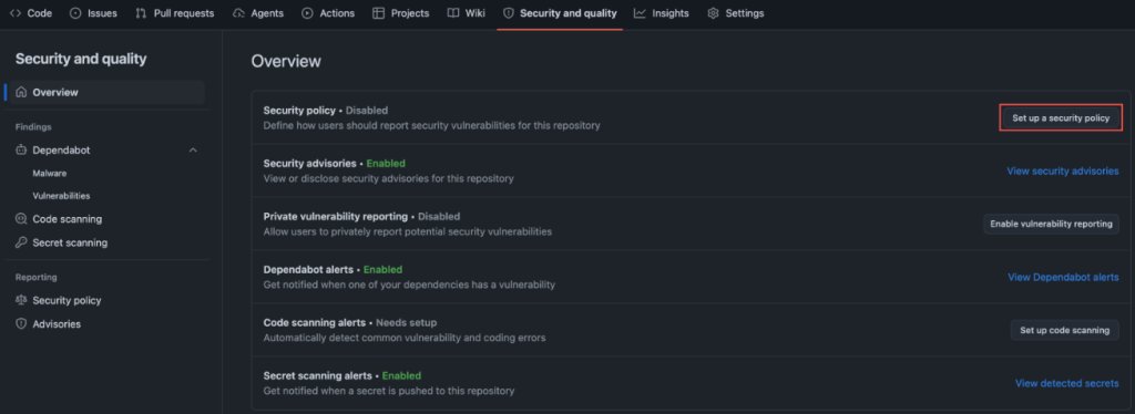 Screenshot of GitHub settings. Security and quality > Set up a security policy are highlighted.